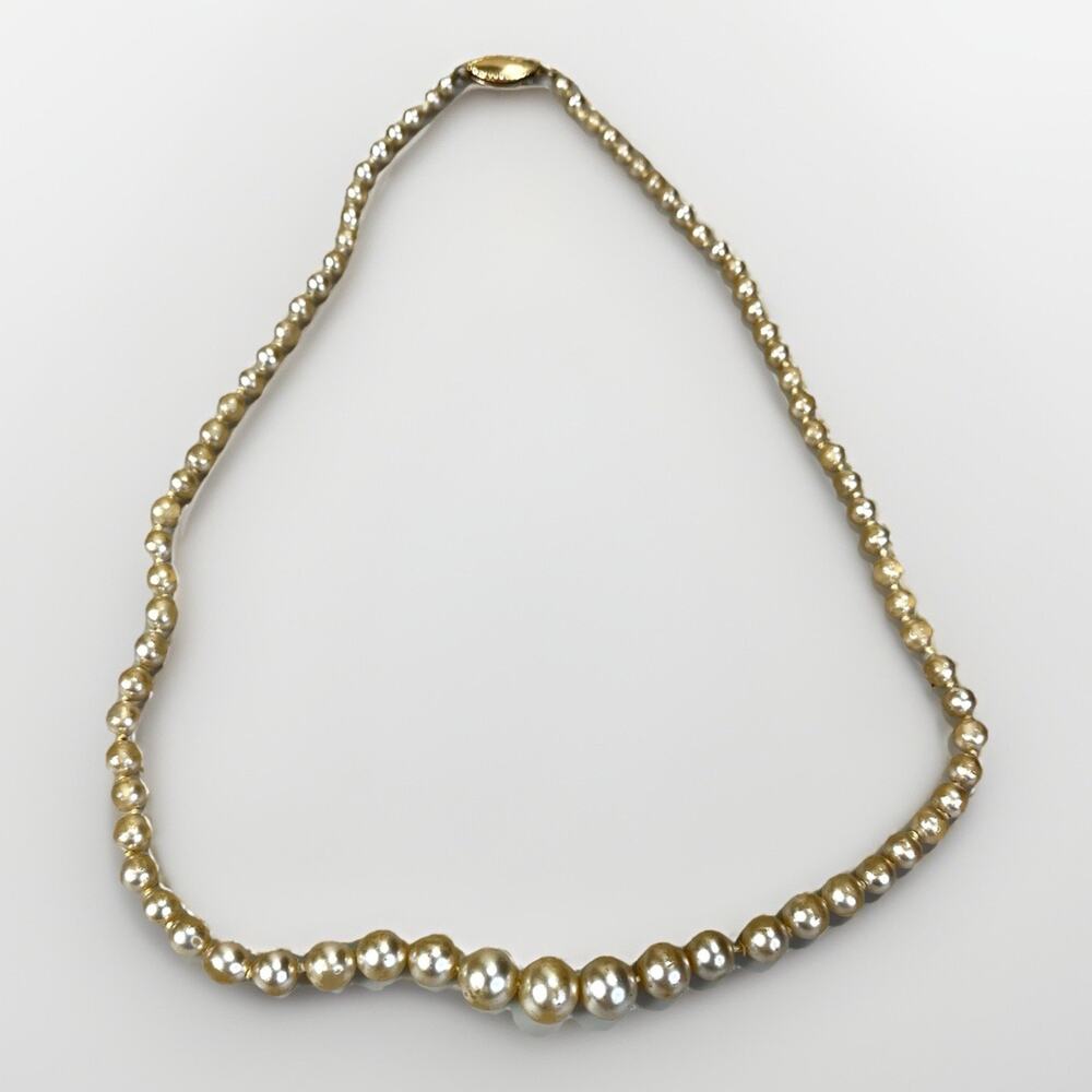 VTG 1/20 12K Graduating Glass Faux Pearl Single Strand Necklace 16” Champagne